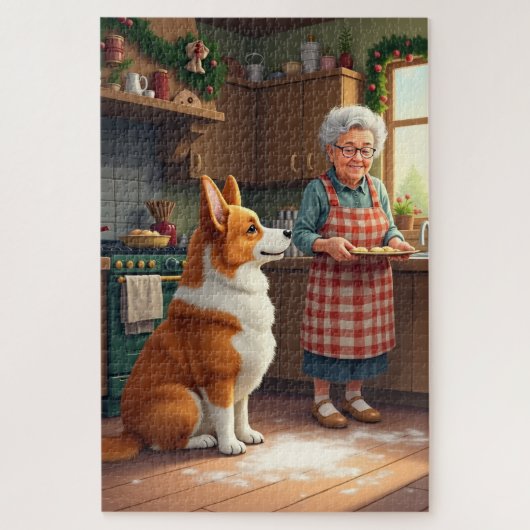 Corgi Backen mit Oma Weihnachtsmalerei Puzzle (Vertikal)