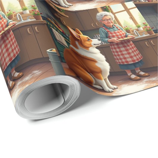 Corgi Baking with Grandma Christmas Painting Geschenkpapier (Rolleneckpunkt)