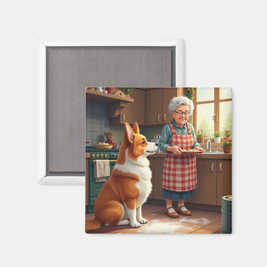 Corgi Baking with Grandma Christmas Painting Magnet (Vorderseite/Rückseite)