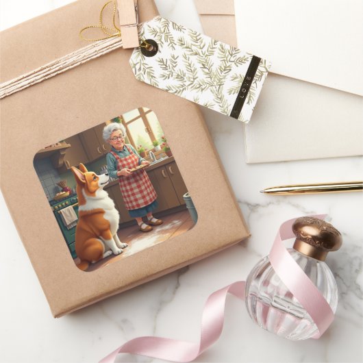 Corgi Baking with Grandma Christmas Painting Quadratischer Aufkleber (Schenken)