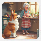 Corgi Baking with Grandma Christmas Painting Quadratischer Aufkleber (Vorderseite)