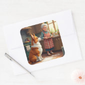 Corgi Baking with Grandma Christmas Painting Quadratischer Aufkleber (Umschlag)