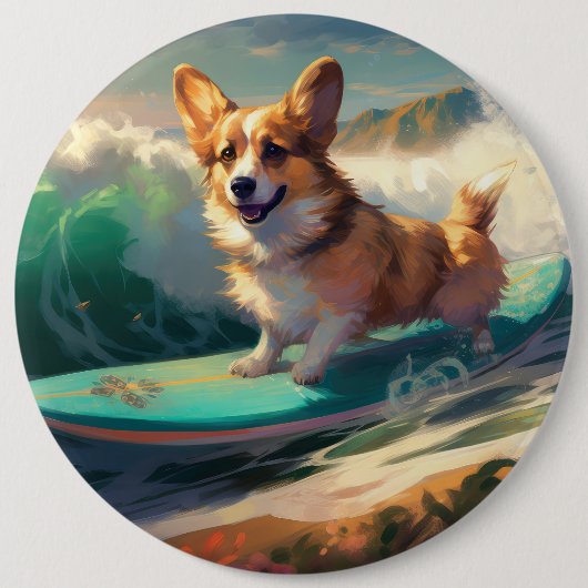 Corgi Beach Surfmalerei Button (Vorderseite)