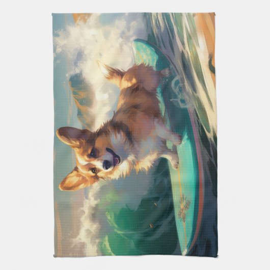 Corgi Beach Surfmalerei Geschirrtuch (Vertikal)