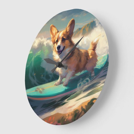 Corgi Beach Surfmalerei Große Wanduhr (Winkel)