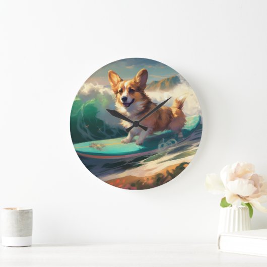 Corgi Beach Surfmalerei Große Wanduhr (Zuhause)