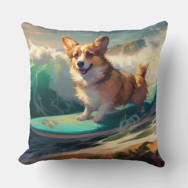 Corgi Beach Surfmalerei Kissen (Vorderseite)