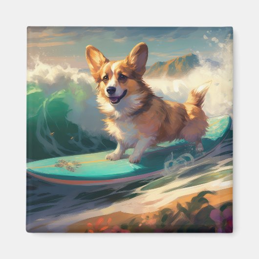 Corgi Beach Surfmalerei Magnet (Vorne)