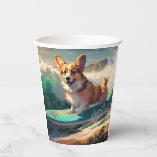 Corgi Beach Surfmalerei Pappbecher (Vorderseite)