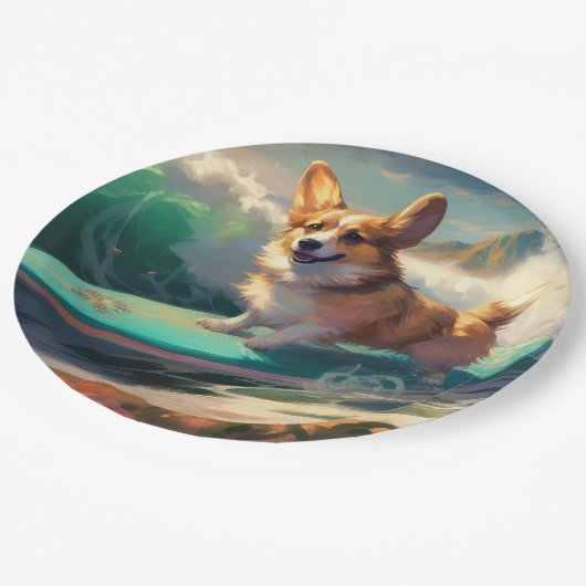 Corgi Beach Surfmalerei Pappteller (Schrägansicht)