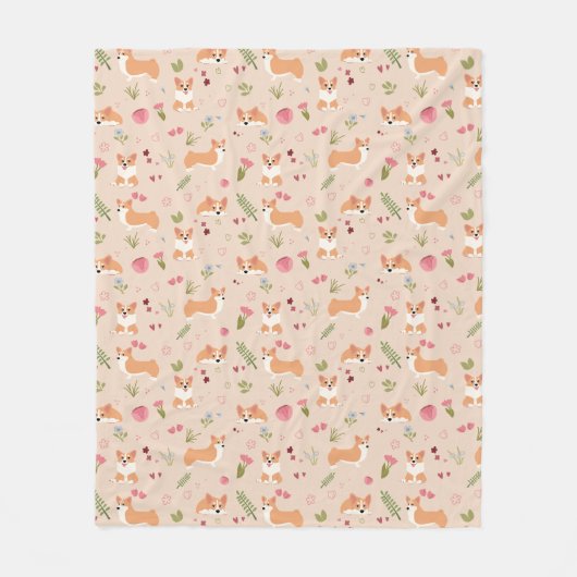 Corgi Blumen Nahtloses Muster - Süße Hunde Kunst Fleecedecke (Vorderseite)