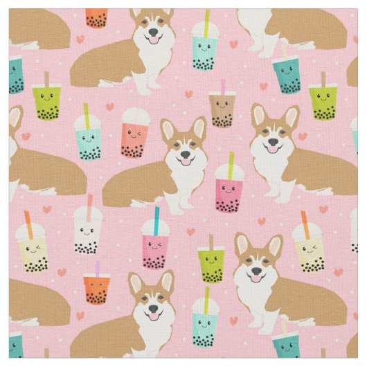 Corgi boba Tee Pink Kawaii Stoff (Nahaufnahme)