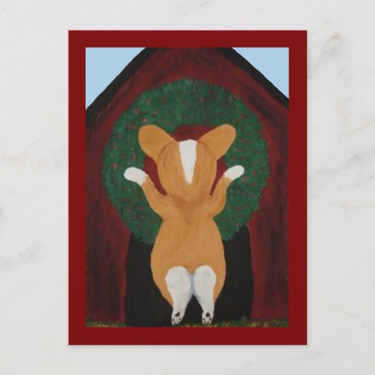 Corgi bringt Weihnachtskranz am Hundehaus an Postkarte (Vorderseite)