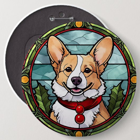 Corgi-Buntglas-Weihnachten Button (Vorne & Hinten)