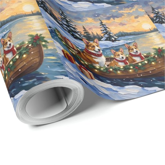 Corgi Christmas Boat Holiday Geschenkpapier (Rolleneckpunkt)