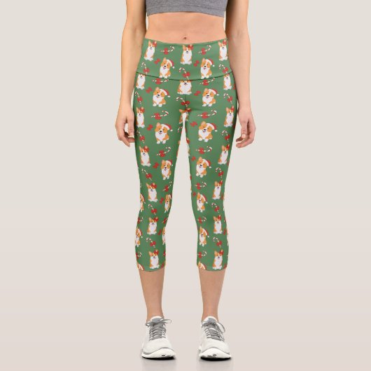 Corgi Christmas Candy Cane Pattern Capri Leggings (Vorderseite)