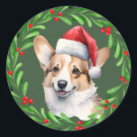 Corgi Christmas Dog Puppy Mailing Runder Aufkleber<br><div class="desc">Weihnachtsaufkleber mit einer Aquarellfarbe Pembroke Welsh Corgi und Aquarell Weihnachtskranz-Design auf der Vorderseite. Perfekt mit der Corgi Weihnachtskarte und dem Versand von Rücksendeadressen-Aufklebern!</div>