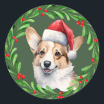 Corgi Christmas Dog Puppy Mailing Runder Aufkleber<br><div class="desc">Weihnachtsaufkleber mit einer Aquarellfarbe Pembroke Welsh Corgi und Aquarell Weihnachtskranz-Design auf der Vorderseite. Perfekt mit der Corgi Weihnachtskarte und dem Versand von Rücksendeadressen-Aufklebern!</div>