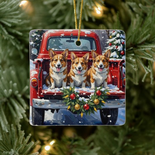 Corgi Christmas Red Truck Holiday Keramikornament (Baum)