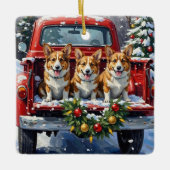 Corgi Christmas Red Truck Holiday Keramikornament (Vorderseite)