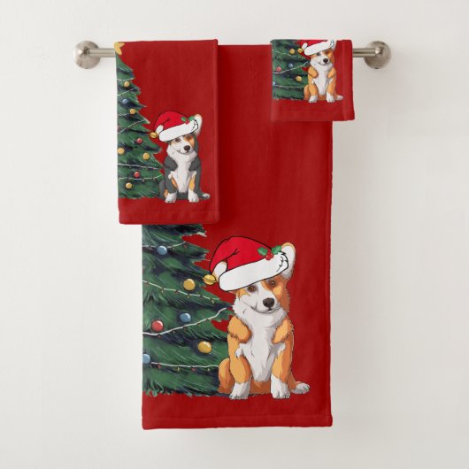 Corgi Christmas Tree Niedlich Red Holiday Badhandtuch Set (Insitu)