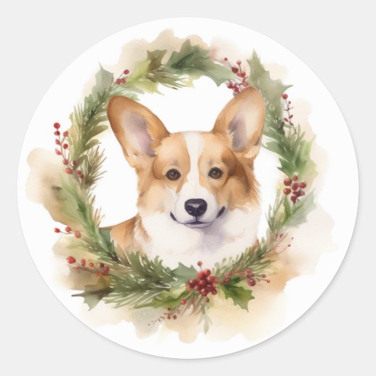 Corgi Christmas Wreath Festivals Runder Aufkleber (Vorderseite)