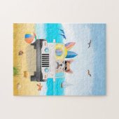 Corgi Dog Autofahren am Strand  Puzzle (Horizontal)