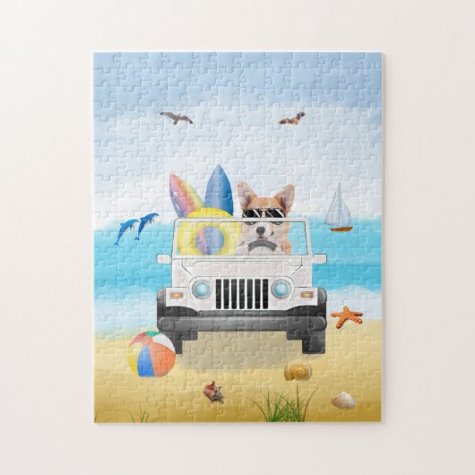 Corgi Dog Autofahren am Strand  Puzzle (Vertikal)