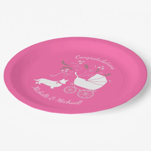 Corgi Dog Babydusche Welpe Gray Welsh Pink Girl Pappteller (Schrägansicht)