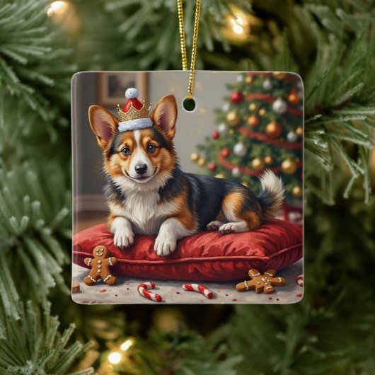 Corgi Dog Christmas Loaf with Santa Crown Art Keramikornament (Baum)