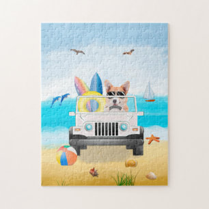 corgi Dog Driving on Beach  Puzzle