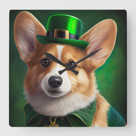 Corgi Dog in St. Patrick's Day Dress Quadratische Wanduhr (Vorderseite)
