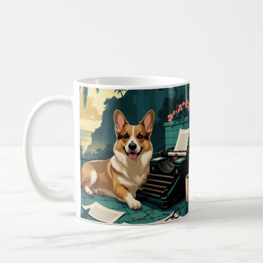 Corgi Dog mit glänzendem Fell und einem Gentleman Kaffeetasse (Links)
