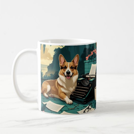 Corgi Dog mit glänzendem Fell und einem Gentleman Kaffeetasse (Links)