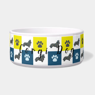 Corgi Dog & Paw Yellow & Blue Grid Dog Bowl Napf