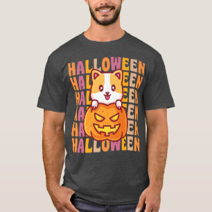 Corgi Dog Pumpkin 70er 80er Retro Vintag Style Hal T-Shirt