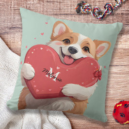 Corgi Dog Pun & Red Hearts Monogram Valentine Kissen