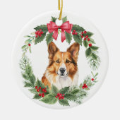 Corgi Dog Red Bow Holly Wreath Keramik Ornament (Vorne)