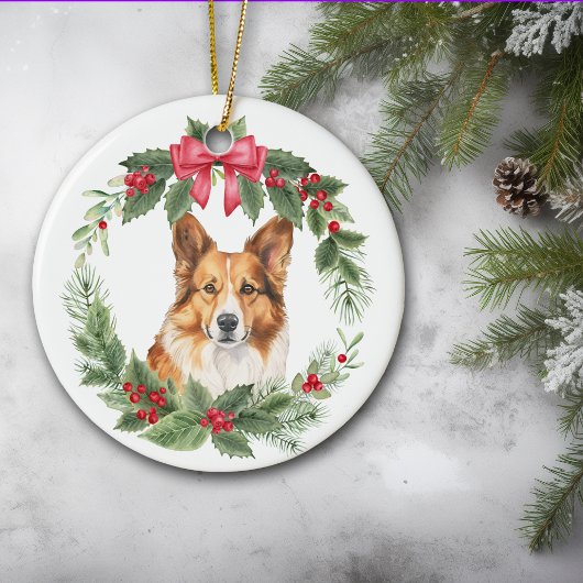 Corgi Dog Red Bow Holly Wreath Keramik Ornament