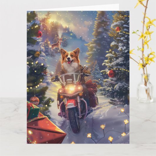 Corgi Dog Riding Motorrad Weihnachten Karte (Gelbe Blume)