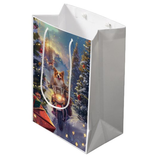 Corgi Dog Riding Motorrad Weihnachten Mittlere Geschenktüte (Vorderseite Schrägansicht)