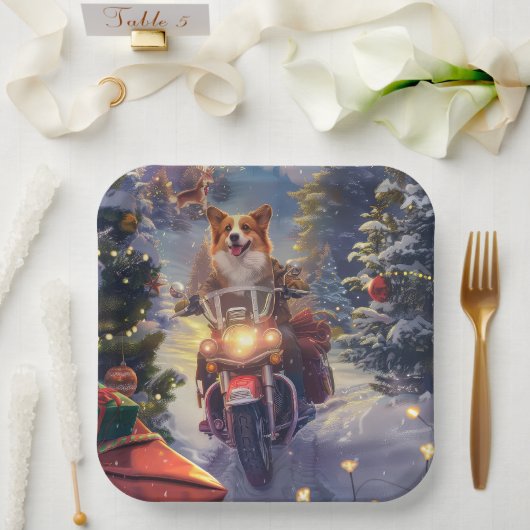 Corgi Dog Riding Motorrad Weihnachten Pappteller (Hochzeit)