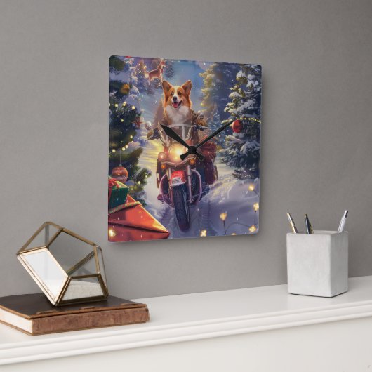 Corgi Dog Riding Motorrad Weihnachten Quadratische Wanduhr (Büro)