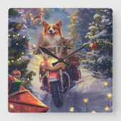 Corgi Dog Riding Motorrad Weihnachten Quadratische Wanduhr (Vorderseite)