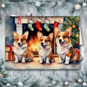 Corgi Dog Trio Am weihnachtlichen Feuerplatz