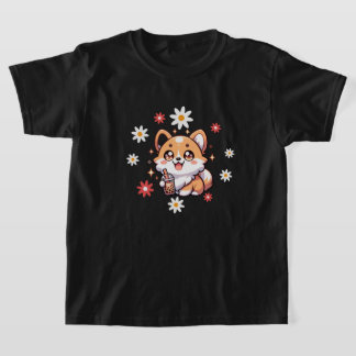 Corgi Dog und Boba Tea Lover Floral T-Shirt