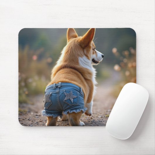 Corgi Dog Wearing Blue Jean Shorts Mousepad (Mit Mouse)