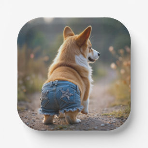 Corgi Dog Wearing Blue Jean Shorts Pappteller