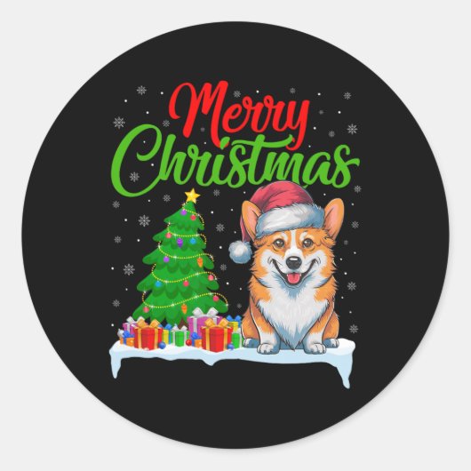 Corgi Dog Weihnachtsbaum Lichter Funny Xmas Corgi Runder Aufkleber (Vorderseite)