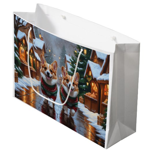 Corgi Dogs Christmas Snow Holiday Große Geschenktüte (Vorderseite Schrägansicht)